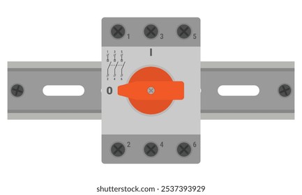 Disconnect switch mounted on a DIN rail. Modular 3 pole switch with red handle. Vector illustration in flat style