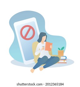 Disconnect from Work and Enjoy Yourself,fully recover from Tired,work life balance,woman sitting relaxed reading a book and drinking coffee,offline from the device smartphone and screen,vector.