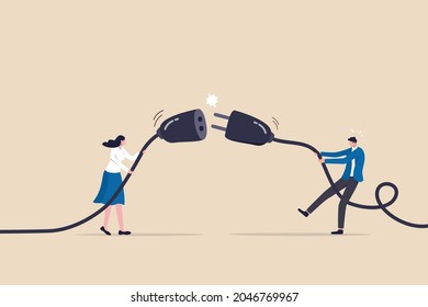 Disconnected Business, Broken Communication, 404 Or Disconnect From Social Media Distraction Or Monitor Screen, Young Man And Young Adult Woman Pull Electric Socket Plug To Disconnect From Internet.