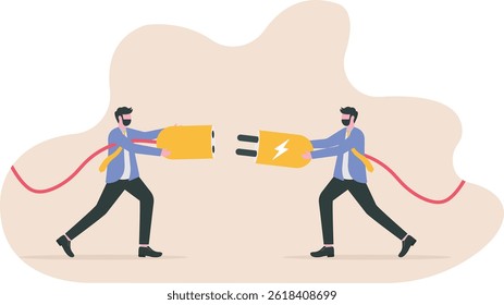 Disconnected business, broken communication, 404 or disconnect from social media distraction or monitor screen, young man and young adult woman pull electric socket plug to disconnect from internet.

