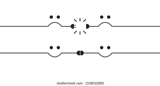 Disconnected electric wire or wireless wifi signal illustration with sad face. Internet disconnection, wi fi loss. And connected plug with happy face. Unplugged, broken connector. Vector illustration.