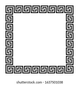 Disconnected meander, square frame, made of seamless meander pattern. Meandros. Decorative border with interrupted lines, shaped into repeated motif. Greek fret or key. Illustration over white. Vector