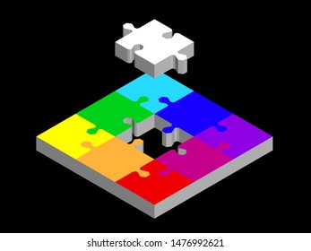Disconnected puzzle. Isolated on black background. 3d Vector colorful illustration. Isometric projection.