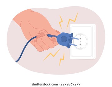 Desconectando la ilustración de punto aislado del vector 2D del cable de alimentación. Desconectando de la salida a ahorrar energía. Carácter plano con fondo de caricatura. Colorida escena editable para móvil, sitio web, revista