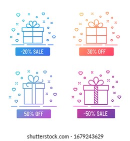 Discont gift boxes outline color flat illustrations. Gift box color gradient line illustrations isolated on white background. Discount gift box vector illustration for web, mobile app, ui design.