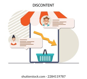 Concepto de descontento. Insatisfacción del producto o servicio, retroalimentación negativa del cliente. Clasificación de la experiencia del cliente. Reclamación de los consumidores. Ilustración vectorial plana