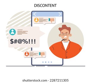 Discontent concept. Dissatisfaction of product or service, negative feedback from client. Customer experience ranking. Consumer complaint. Flat vector illustration