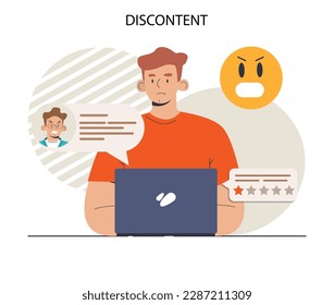 Discontent concept. Dissatisfaction of product or service, negative feedback from client. Customer experience ranking. Consumer complaint. Flat vector illustration