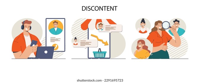 Discontent concept set. Dissatisfaction of product or service, negative feedback from client. Customer experience ranking. Consumer complaint. Flat vector illustration