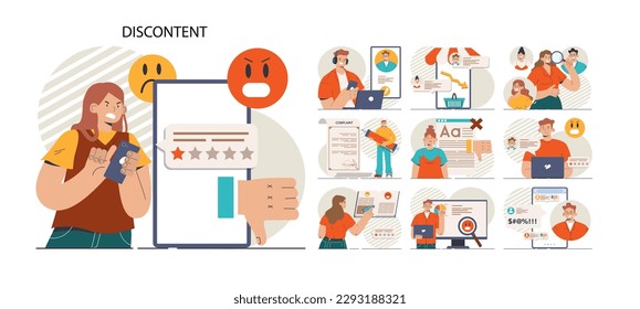 Discontent concept set. Dissatisfaction of product or service, negative feedback from client. Customer experience ranking. Consumer complaint. Flat vector illustration