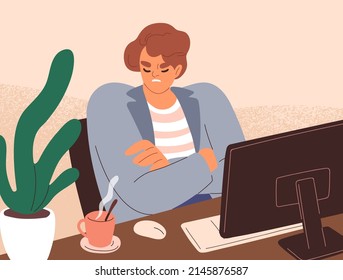 Discontent gloomy employee at workplace. Frowned negative office worker in bad mood. Unsmiling offended displeased disappointed person sabotaging, feeling work aversion. Flat vector illustration