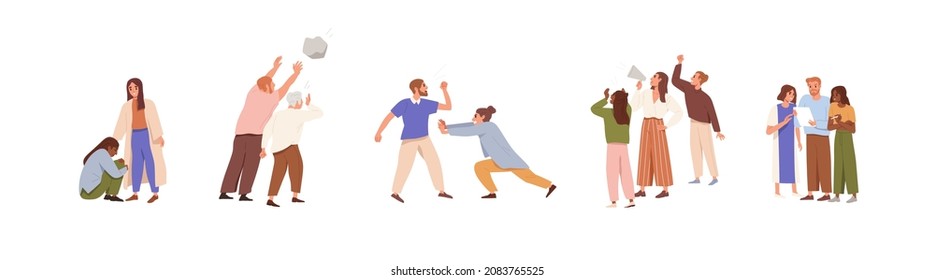 Discontented people set. Men and women, activists in despair, resisting, defending and protecting rights, taking actions and complaining. Flat graphic vector illustration isolated on white background