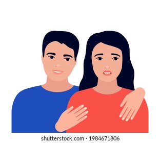 Discord, problem, crisis in relationship of couple, support. Psychological family problems of man and woman. Fatigue, frustration, sad. Vector illustration