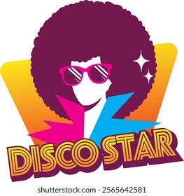 A disco-themed character with a large afro, pink sunglasses, and a vibrant blue-pink jacket. Set against a yellow geometric background, 'DISCO STAR' is displayed in bold, colorful letters for a retro