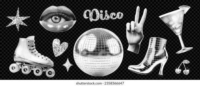 Disco-themed collage kit. Bright retro 80s elements. For rollerdrome party with cocktails and music. Vector illustration in the style of points.