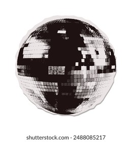 Disco-themed halftone collage element - black and white retro 80s disco ball. For roller drome party with cocktails and music. Vector illustration in the zine mixed media art style