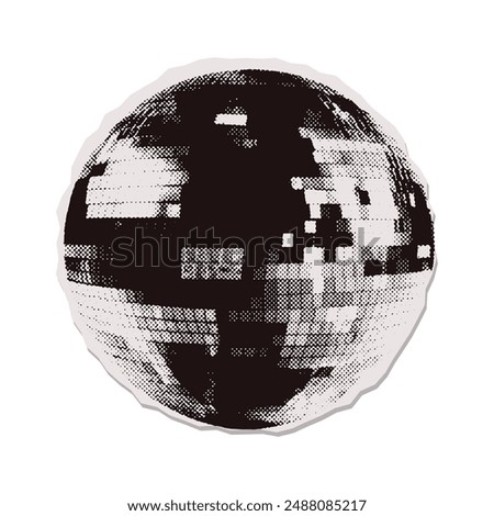 Disco-themed halftone collage element - black and white retro 80s disco ball. For roller drome party with cocktails and music. Vector illustration in the zine mixed media art style