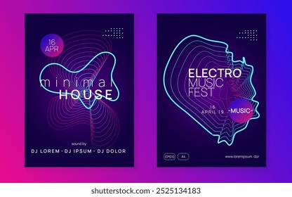 Discotheque Flyer. Dj Festival Element. Blue Dance Set. Electro Cover. Violet Sound Magazine. Party Design. Psychedelic Audio Illustration. Green Discotheque Flyer