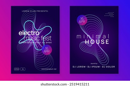 Flyer de la Discoteca. Ilustración de ritmo de club nocturno. Invitación de Trance. Diseño de Danza Rosa. Gráfico del Festival del Club Nocturno. Fondo De Edm. Conjunto de festival azul. Flyer de la Discoteca Violeta