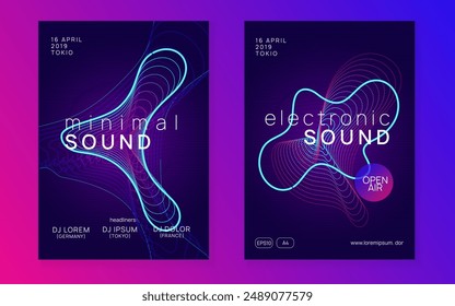 Discotheque Flyer. Violet Techno Design. Party Set. Electro Vector. Electronic Disco Invitation. Pink Music Magazine. Sound Concert Template. Green Discotheque Flyer