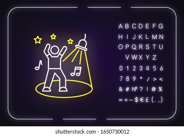 Discotheque neon light icon. Outer glowing effect. Sign with alphabet, numbers and symbols. Night club recreation. Young clubber dancing in spotlight vector isolated RGB color illustration