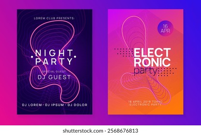 Discotheque Poster. Blue Techno Set. Music Electro Template. Trance Vector. Soundwave Beat Invitation. Green Party Background. Dance Flyer. Violet Discotheque Poster