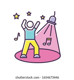 Discotheque RGB color icon. Night club recreation, active leisure, late night party. Nightclub entertainment. Young clubber on dance floor, dancing in spotlight isolated vector illustration