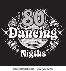 Discotheque setting with a disco ball typical of the time, eighties lights and the text "Dancing Nights".