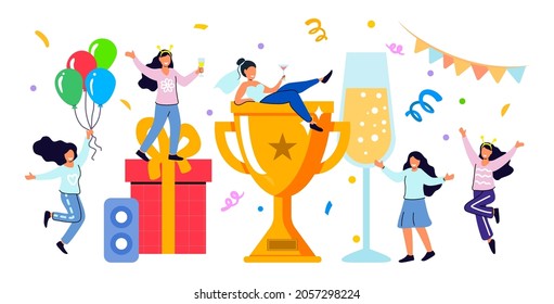 Discotheque, soiree, holiday celebration, evening with friends Success business team Golden trophy cup Symbol of victory Happy people dance, drink wine or champagne Vector illustration in flat style