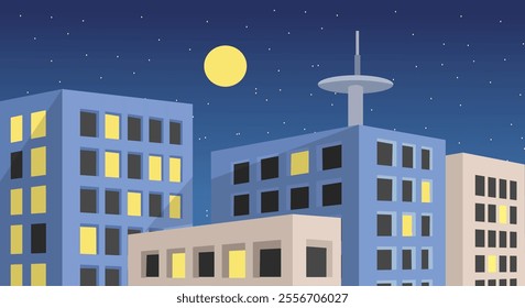 Discotic view. Night lamp in building. Night sky. Night tower. Discotic building. Modern apartment. Modern house. 