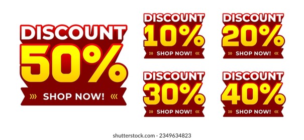 Discount 10, 20, 30, 40, 50 percent label with 3d extrude style effect font. for emblem, badge, banner, icon. Promotion design set vector illustration isolated on white background
