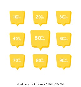 Descuento de 10 a 90% de placa de juego. Ilustración plana vectorial. Oferta especial. Venta especial. Insignias amarillas sobre fondo blanco.
