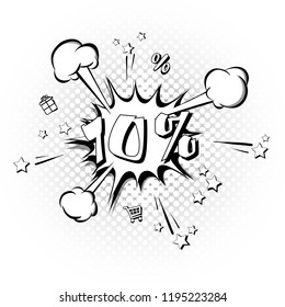 Discount 10 percent comic style on background with bubbles. Comic bang with ten percent. Pop art retro style. Realistic puffs smoke and stars, gifts, trolley, percentages. Vector illustration