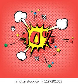 Discount 10 percent comic style on background with bubbles. Comic bang with ten percent. Pop art retro style. Realistic puffs smoke and stars, gifts, trolley, percentages. Vector illustration