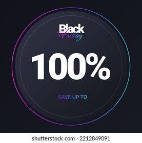 Discount 100 percent concept. Round neon button, interface for programs and applications, UI and UX design. Gift or present voucher or coupon. Discounts and sales. Cartoon flat vector illustration