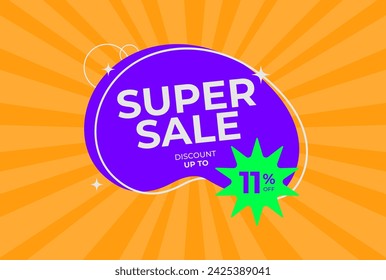 Discount up to 11% off Super sale. Eleven percent off promotion. Super sale business banner on rays orange background. Eps 10 vector illustration.