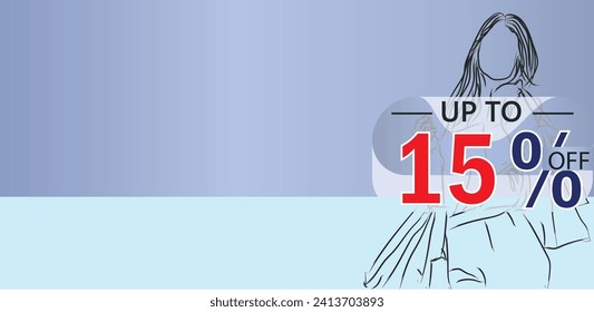 discount of up to 15 percent off on a product or service, illustration shopping girl lineart design