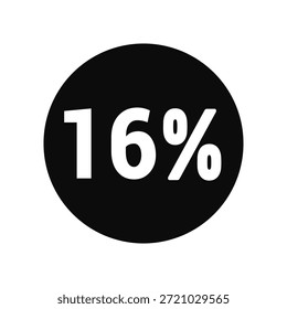 desconto 16% ícone vetor círculo preto com texto branco