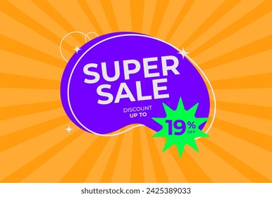 Discount up to 19% off Super sale. Nineteen percent off promotion. Super sale business banner on rays orange background. Eps 10 vector illustration.