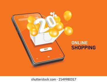 descuento 20% texto 3D se colocó en un montón de globos amarillos flotando fuera de una bolsa de compras y todo en pantalla de smartphone,vector aislado en fondo naranja para el diseño de promoción de compras online