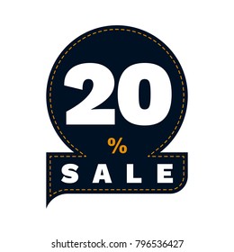 Discount 20%. Flat design. Percentage discount and the inscription is for sale, white inscription on the background of a dark circle sewn sewing line. Vector illustration.