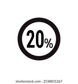 Rabatt 20% Symbol Vektor ein schwarzes kreisförmiges Symbol mit fett zentriertem Text auf weißem Hintergrund.