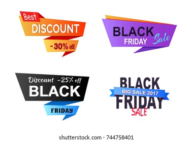 Discount -25% off, black Friday, banner that depicts stickers collection with ribbons of different colors and titles vector illustration