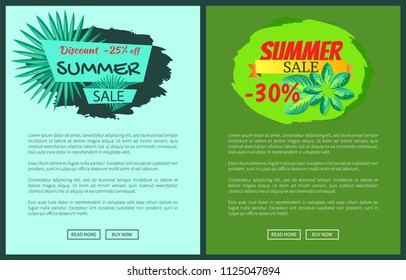 Discount 25% off summer sale advertisement label, gentle flowers, promo sticker design, tag emblem with info about discounts vector web posters set.