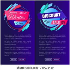 Discount -25% off winter and new offer, collection of creative web pages including labels with titles and text with buttons on vector illustration