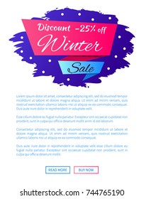 Discount 25 percent winter sale web poster label design on blue background with snowflakes, vector illustration web buttons on landing page, place for text