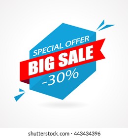 Discount 30 % off - advertising vector banner in origami retro style. Big sale vector layout. Special offer concept sticker.