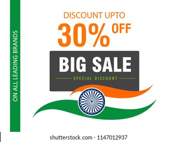 Discount 30% Off, Big Sale Banner Design for Happy Independence Day.