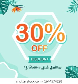 Discount 30% Off Super Sale of Happy Valentine’s Day Sale on Tosca and Pastel Theme for Social Media Post. Online Shop and Business. Vector Illustration. Promotion and Advertisement