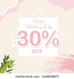 Discount 30% Off Super Sale of Happy Valentine’s Day Sale on Pink and Pastel Theme for Social Media Post. Online Shop and Business. Vector Illustration. Promotion and Advertisement